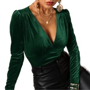 Deep V Neck Long Sleeve Velvet Solid Plunge Top.